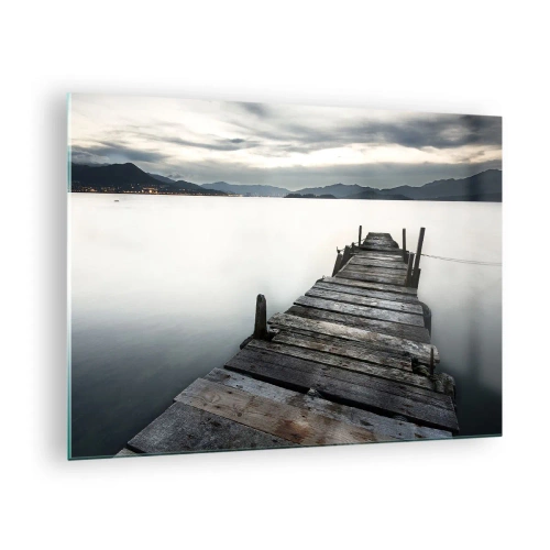Quadro su vetro - Un molo di legno sullo sfondo di un lago calmo al tramonto - 70x50cm - Immergersi nella tranquillità - Decorazione murale moderna per soggiorno e camera da letto ARTTOR