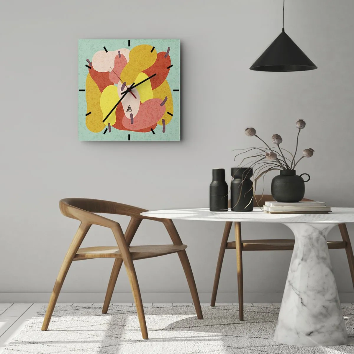 Orologio da parete - Orologio in Vetro - Pere astratte colorate su sfondo verde - 30x30cm - Assaggia il sole estivo - Decorazione murale moderna per soggiorno e camera da letto ARTTOR