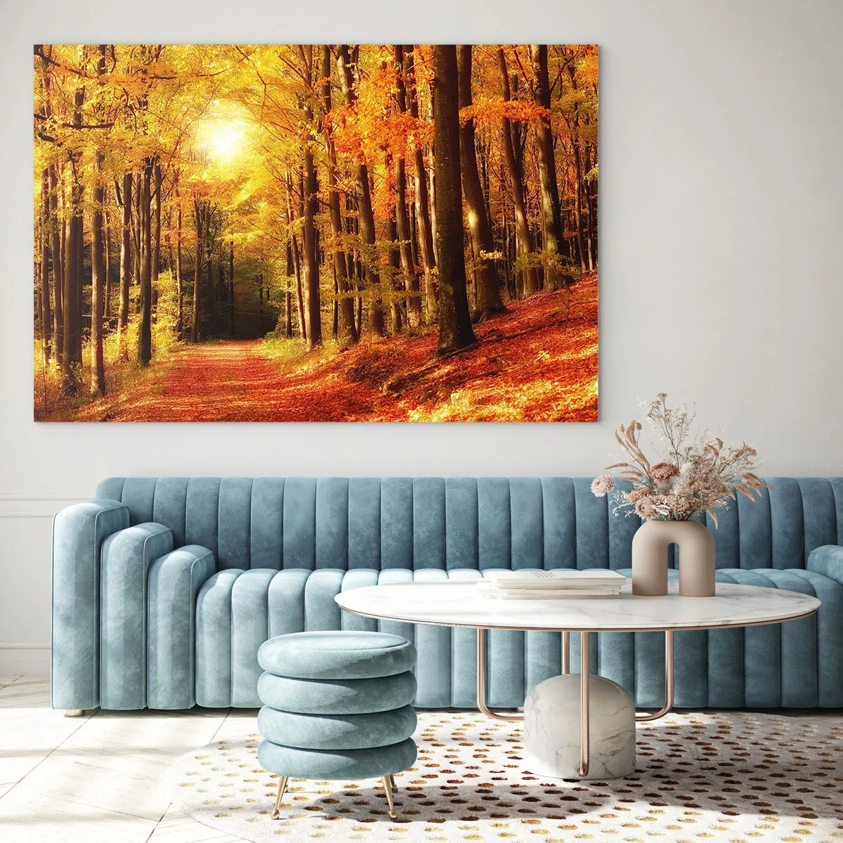 Quadro su vetro - Foresta autunnale immersa nella luce dorata del sole - 120x80cm - Autunno dorato nella via nel bosco - Decorazione murale moderna per soggiorno e camera da letto ARTTOR