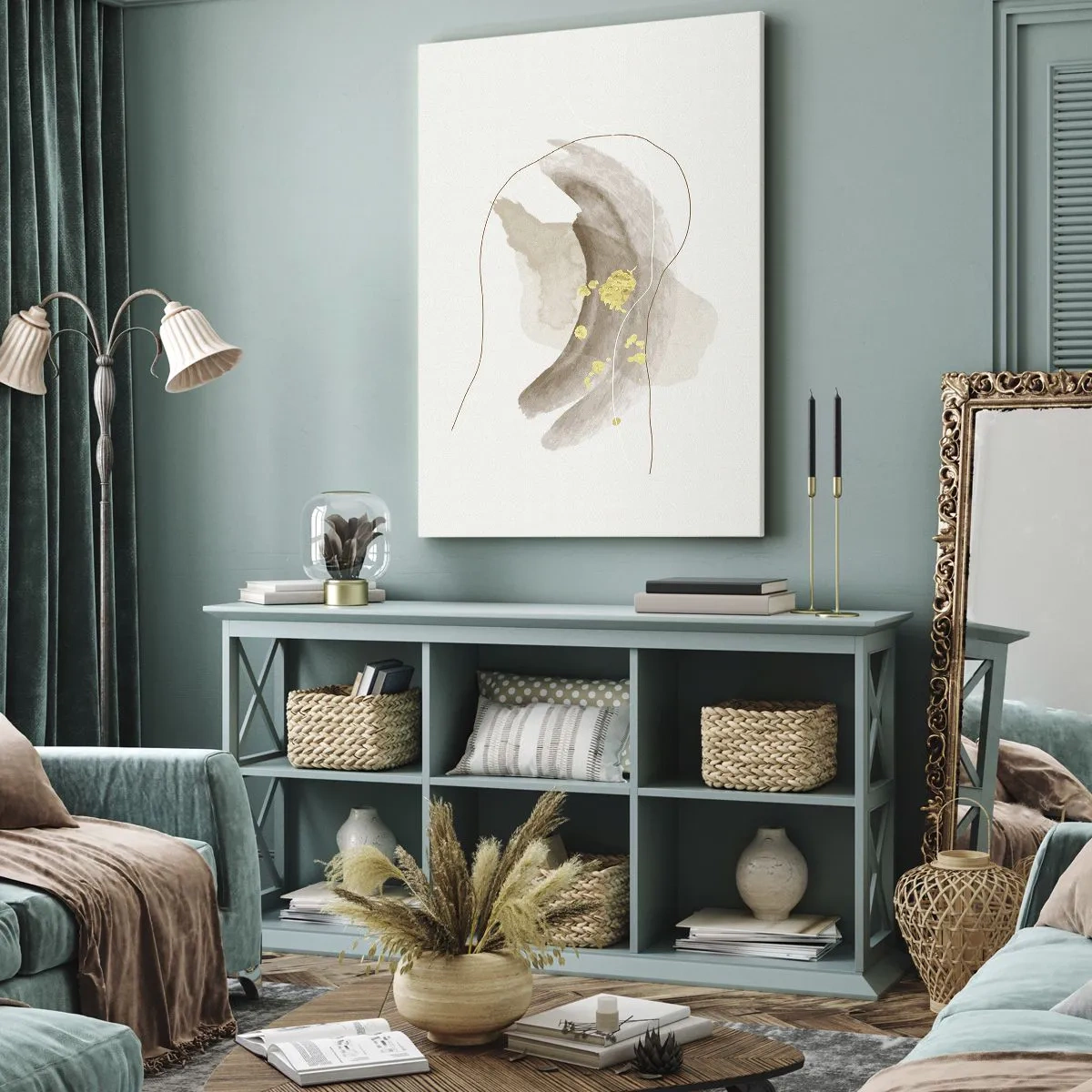Quadro su tela - Stampe su Tela - Una composizione astratta nei toni del beige e dell'oro. - 50x70cm - Incontro nello spazio - Decorazione murale moderna per soggiorno e camera da letto ARTTOR