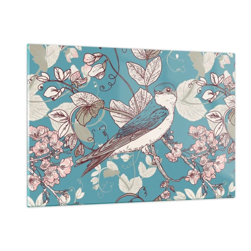 Quadro su vetro - Un uccello su un ramo tra i fiori su uno sfondo turchese - 120x80cm - Sul pioppo riflessi e cinguettii - Decorazione murale moderna per soggiorno e camera da letto ARTTOR