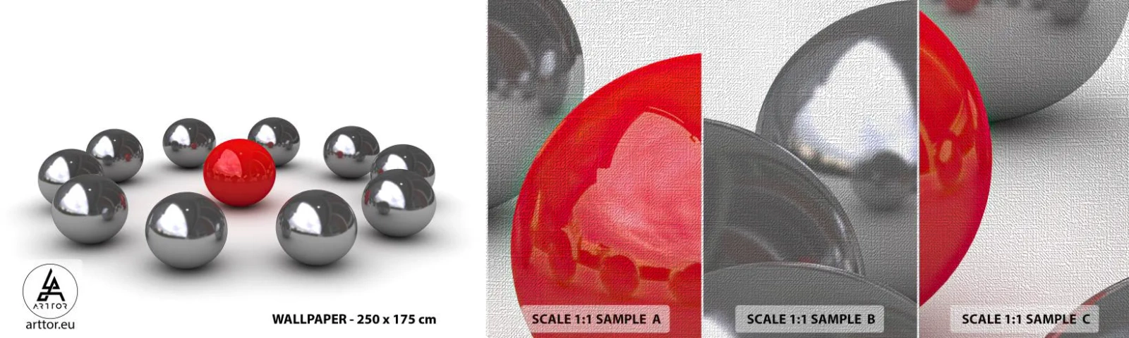 Campione di Fotomurale Premium Canvas - Cerchio in argento e rosso - Astrazione, 3D, Palle rotonde - 100x30 cm