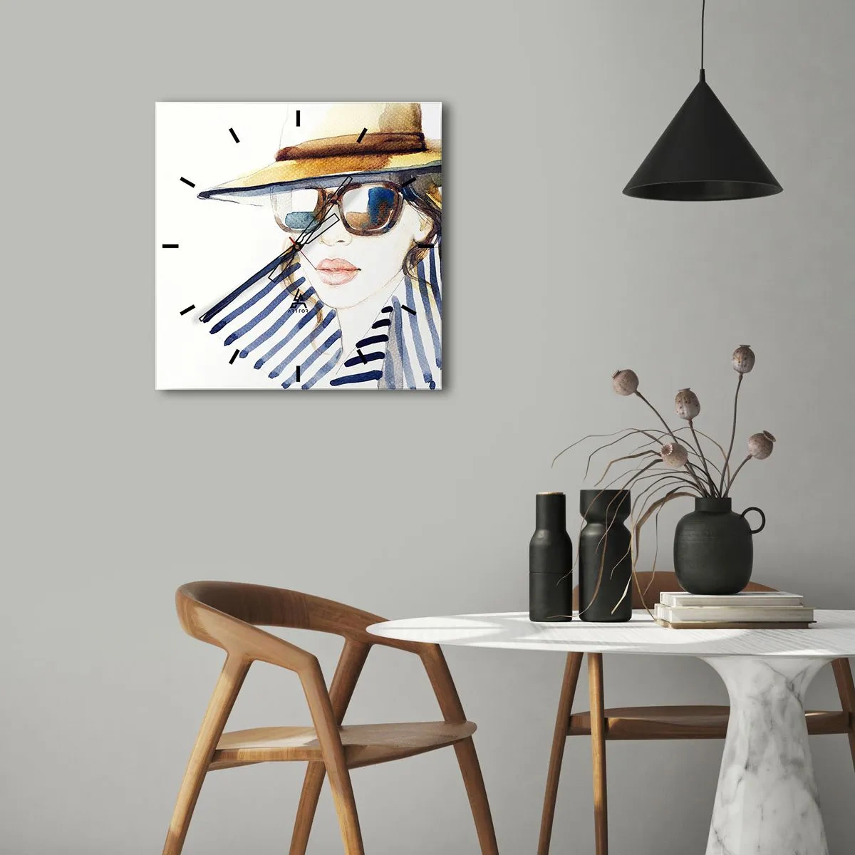 Orologio da parete - Orologio in Vetro - Ritratto di una donna con cappello e occhiali da sole - 30x30cm - La Florida dà il benvenuto! - Decorazione murale moderna per soggiorno e camera da letto ARTTOR