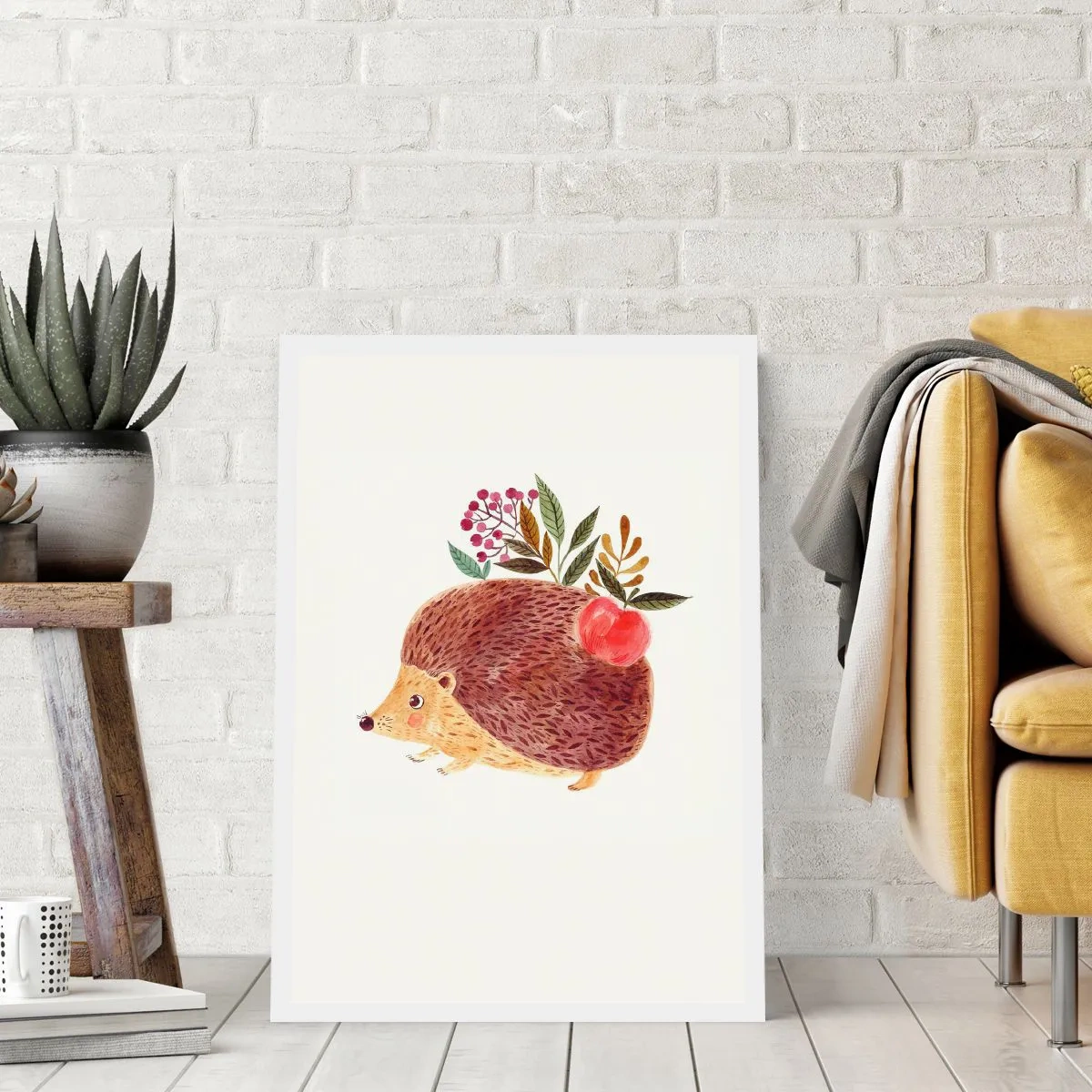 Poster - Un simpatico riccio con una mela e dei ramoscelli su uno sfondo chiaro - 50x70cm - E mi vuoi già bene - Decorazione murale moderna per soggiorno e camera da letto ARTTOR