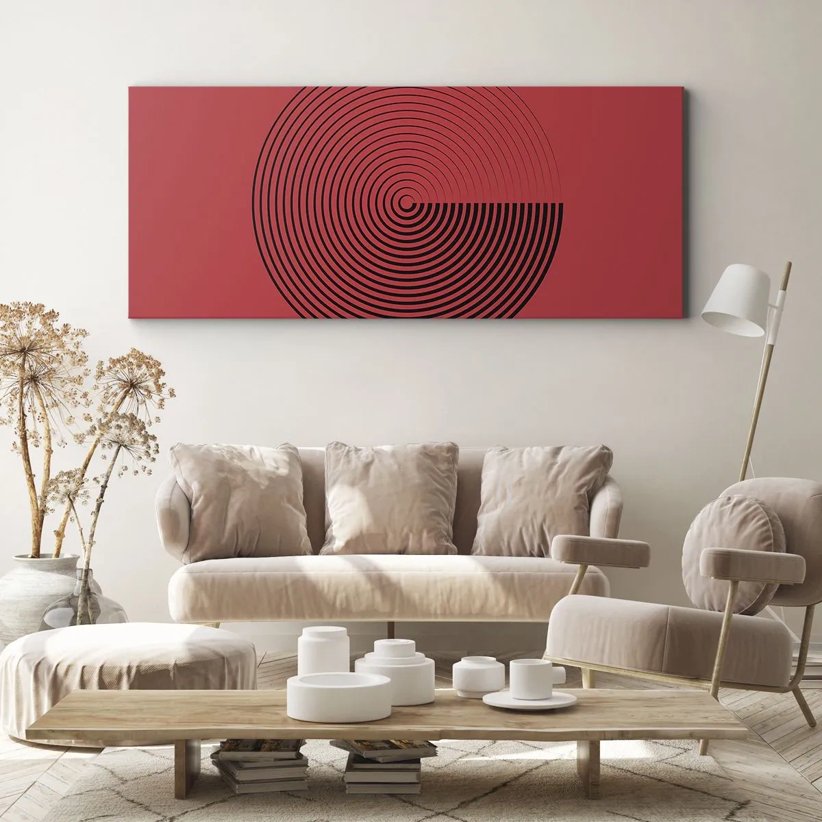 Quadro su tela - Stampe su Tela - Cerchi concentrici su sfondo rosso - 160x50cm - Movimento circolare - Decorazione murale moderna per soggiorno e camera da letto ARTTOR