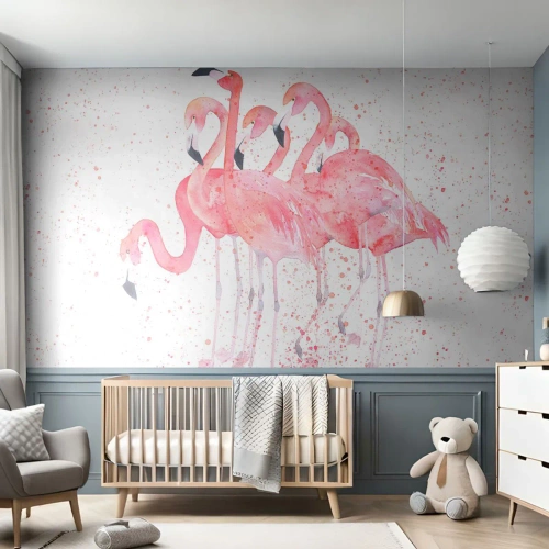 Fotomurali Premium Canvas - Gruppo in rosa - Fenicotteri, Uccelli, Grafica - 250x175 cm