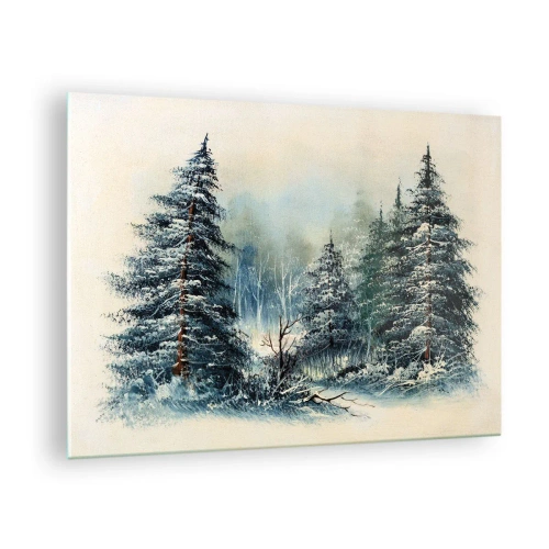Quadro su vetro - Foresta invernale con alberi innevati contro il cielo - 70x50cm - Pronti al Natale - Decorazione murale moderna per soggiorno e camera da letto ARTTOR
