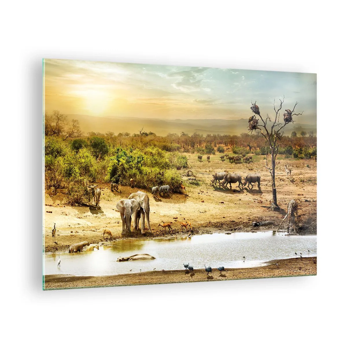 Quadro su vetro - Elefanti e animali in una pozza d'acqua sullo sfondo di un paesaggio africano - 70x50cm - "Un fiume usciva da Eden…" - Decorazione murale moderna per soggiorno e camera da letto ARTTOR