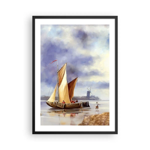 Poster in cornice nera - Una nave a vela sulla riva con un mulino a vento sullo sfondo - 50x70cm - Il ritorno dei marinai - Decorazione murale moderna per soggiorno e camera da letto ARTTOR