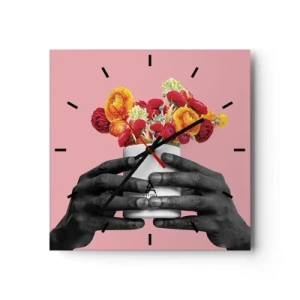 Orologio da parete - Orologio in Vetro - Mani che tengono un mazzo di fiori colorati - 30x30cm - Apoteosi di vita - Decorazione murale moderna per soggiorno e camera da letto ARTTOR