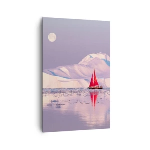 Quadro su tela - Stampe su Tela - Una vela rossa sullo sfondo di montagne ghiacciate e una luna piena. - 80x120cm - Calore della vela, gelo del ghiaccio - Decorazione murale moderna per soggiorno e camera da letto ARTTOR