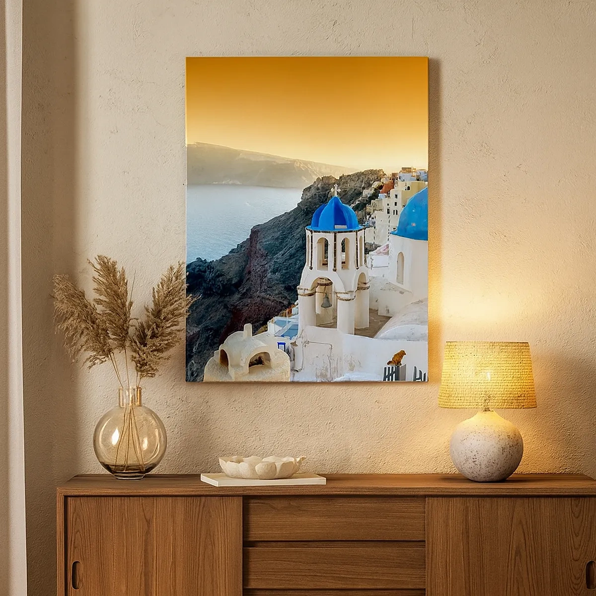Quadro su tela - Stampe su Tela - Vista di Santorini con edifici bianchi e mare blu - 50x70cm - Santorini: aggrappate alle rocce - Decorazione murale moderna per soggiorno e camera da letto ARTTOR