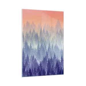 Quadro su vetro - Una foresta nebbiosa nei toni del viola e dell'arancione - 80x120cm - Alto, più in alto, fino al cielo - Decorazione murale moderna per soggiorno e camera da letto ARTTOR