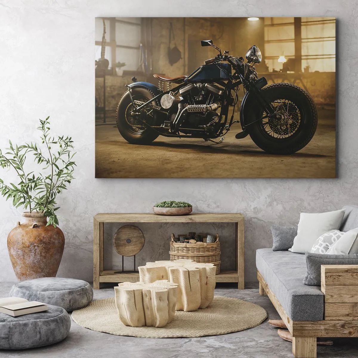 Quadro su tela - Stampe su Tela - Una motocicletta elegante in un interno industriale con luci calde - 70x50cm - Posso tutto - Decorazione murale moderna per soggiorno e camera da letto ARTTOR