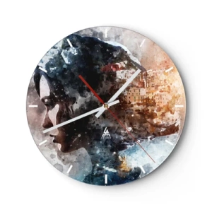 Orologio da parete - Orologio in Vetro - Ritratto astratto con effetto acquerello - 30x30cm - Racconto su una ragazza con città sullo sfondo - Decorazione murale moderna per soggiorno, cucina e camera da letto ARTTOR