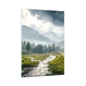 Quadro su vetro - Un paesaggio montano con un ruscello e una valle verde al mattino - 50x70cm - Andata e ritorno - Decorazione murale moderna per soggiorno e camera da letto ARTTOR