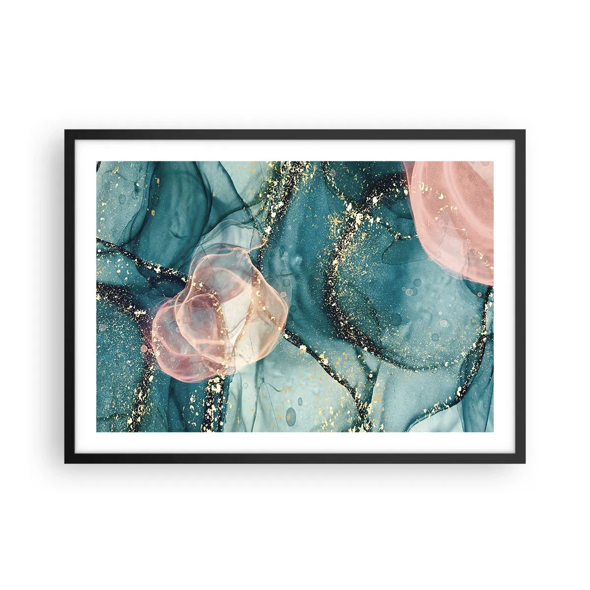 Poster in cornice nera - Una composizione astratta nei toni del turchese e dell'oro. - 70x50cm - Blu di seta, rosa di tulle - Decorazione murale moderna per soggiorno e camera da letto ARTTOR