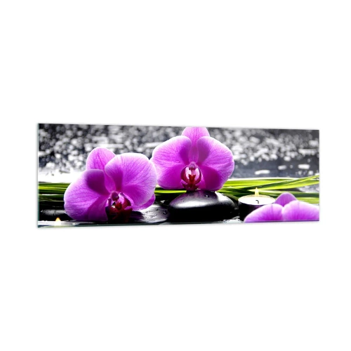 Quadro su vetro - Orchidee viola su uno sfondo di pietre e candele in un ambiente rilassante - 160x50cm - Annegare nel silenzio e nella pace - Decorazione murale moderna per soggiorno e camera da letto ARTTOR