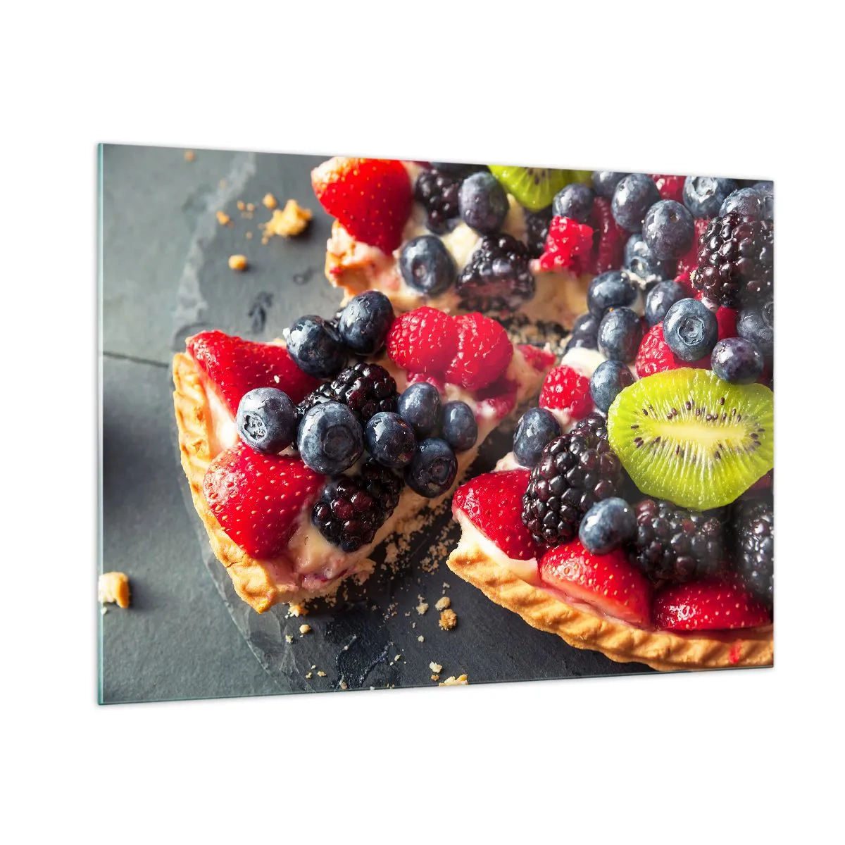 Quadro su vetro - Crostata di frutta con mirtilli, kiwi e fragole - 100x70cm - Dolce vita! - Decorazione murale moderna per soggiorno e camera da letto ARTTOR