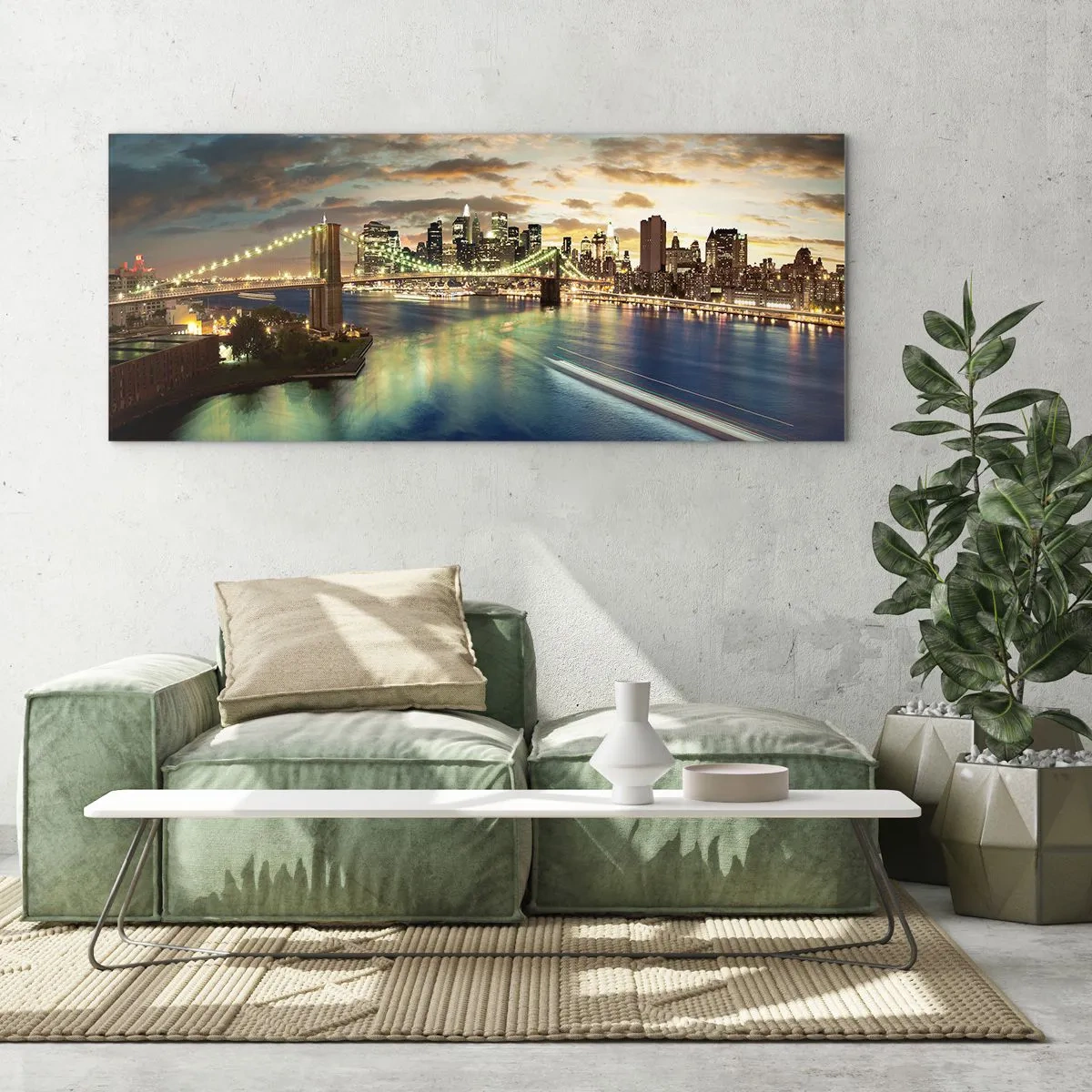Quadro su vetro - Un ponte illuminato con la città sullo sfondo, con luci riflesse nell'acqua. - 120x50cm - Il cielo luminoso sopra Manhattan - Decorazione murale moderna per soggiorno e camera da letto ARTTOR