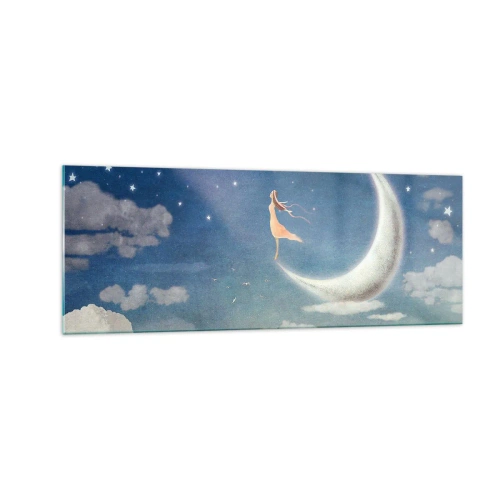 Quadro su vetro - Una donna sulla luna circondata da stelle e nuvole - 140x50cm - Seduttrice celeste - Decorazione murale moderna per soggiorno e camera da letto ARTTOR