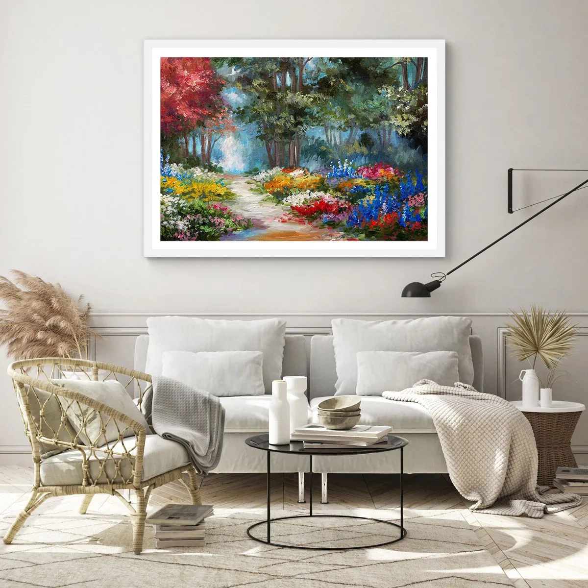 Poster in cornice bianca - Il giardino del bosco d'aprile - 100x70 cm
