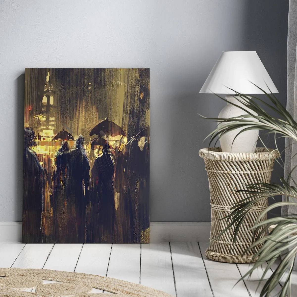 Quadro su tela - Stampe su Tela - Figure con ombrelli in una città piovosa di notte - 70x100cm - Gli adoratori della pioggia - Decorazione murale moderna per soggiorno e camera da letto ARTTOR