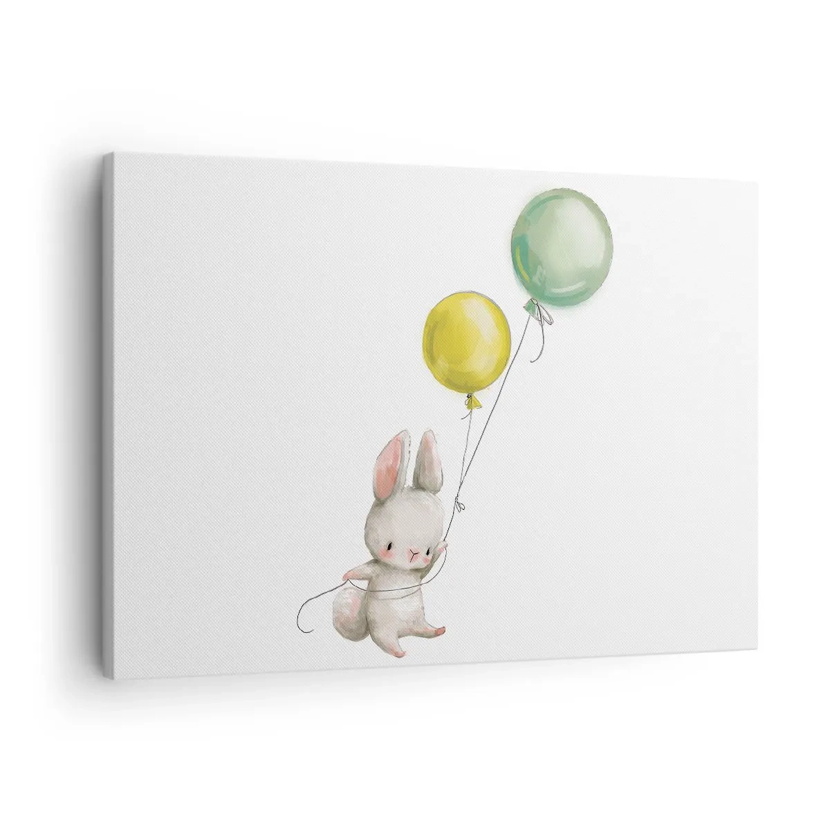 Quadro su tela - Stampe su Tela - Un coniglio che tiene in mano palloncini color pastello - 70x50cm - Volo anch'io! - Decorazione murale moderna per soggiorno e camera da letto ARTTOR