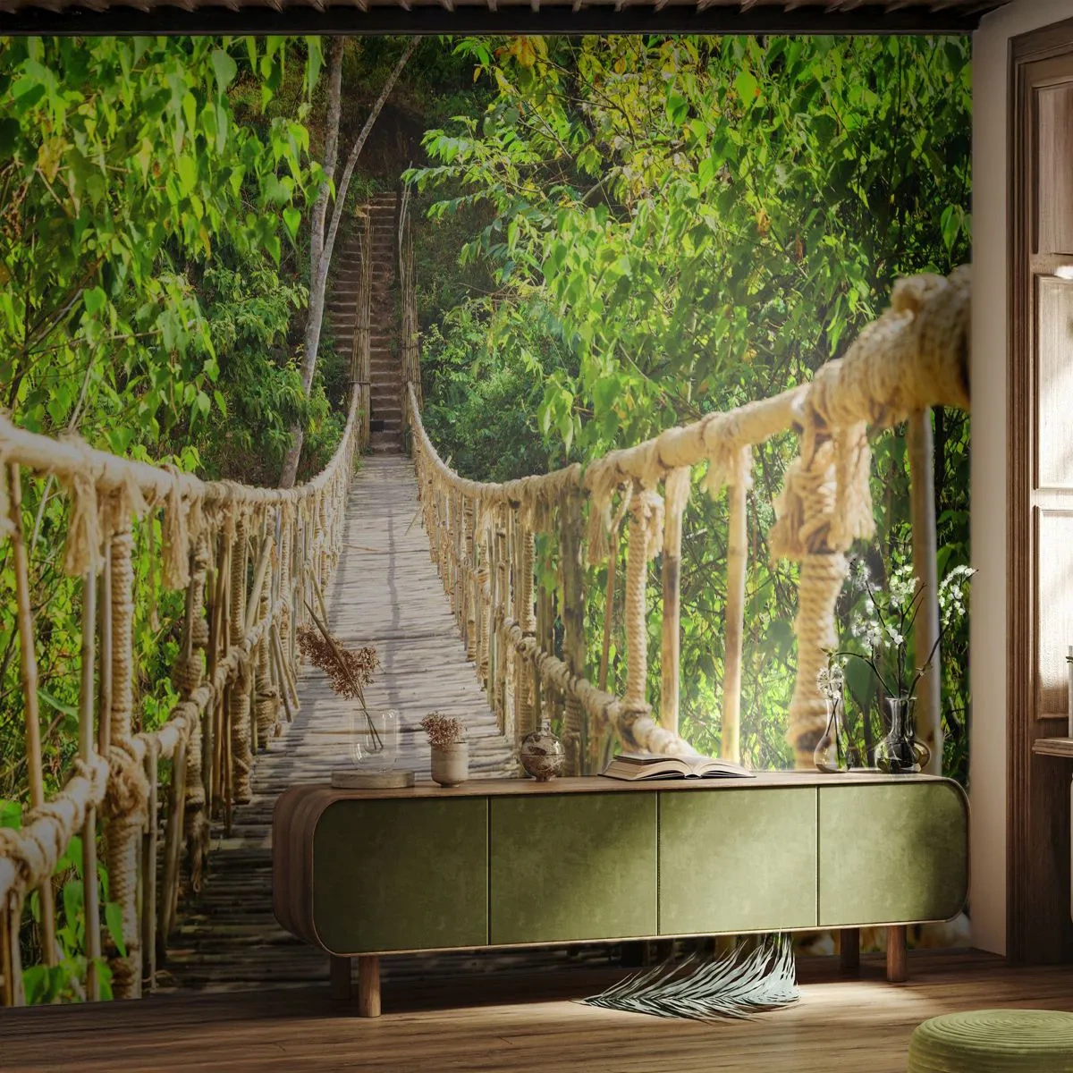 Fotomurali Premium Canvas - Un ponte sospeso in una foresta tropicale ricca di vegetazione - 100x70cm - Sospeso nel verde - Decorazione murale moderna per soggiorno e camera da letto ARTTOR
