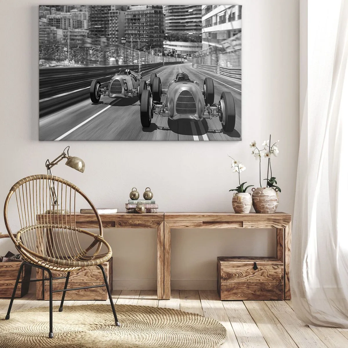 Quadro su tela - Stampe su Tela - Scena di gara automobilistica retrò monocromatica - 120x80cm - Tanto tempo fa a Montecarlo - Decorazione murale moderna per soggiorno e camera da letto ARTTOR