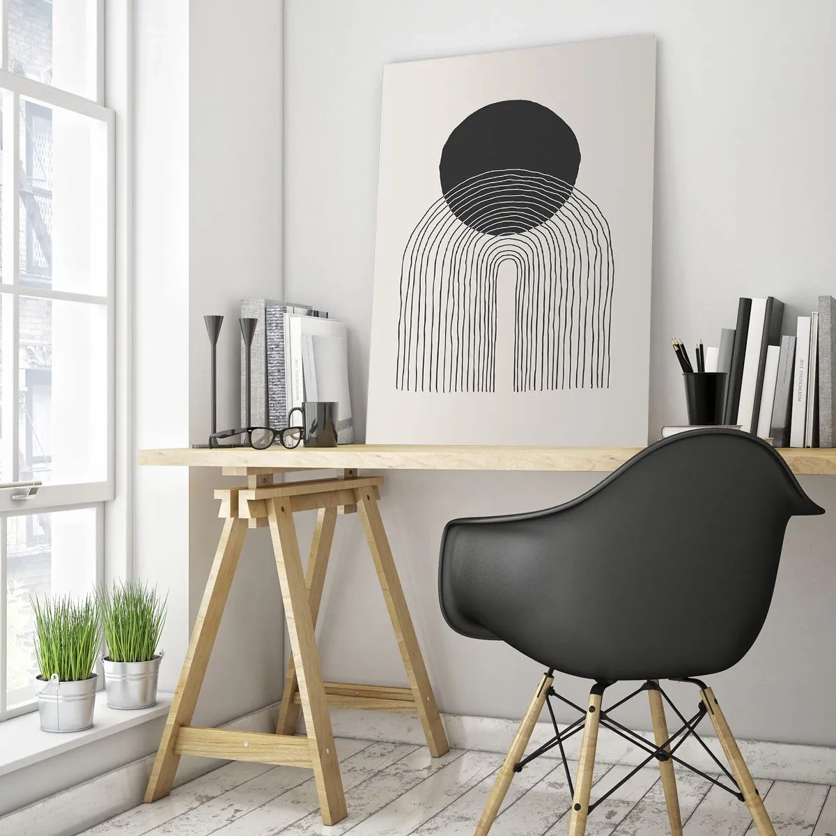 Quadro su vetro - Motivo astratto con linee e un cerchio nero su uno sfondo chiaro - 70x100cm - Tremore e fiducia - Decorazione murale moderna per soggiorno e camera da letto ARTTOR