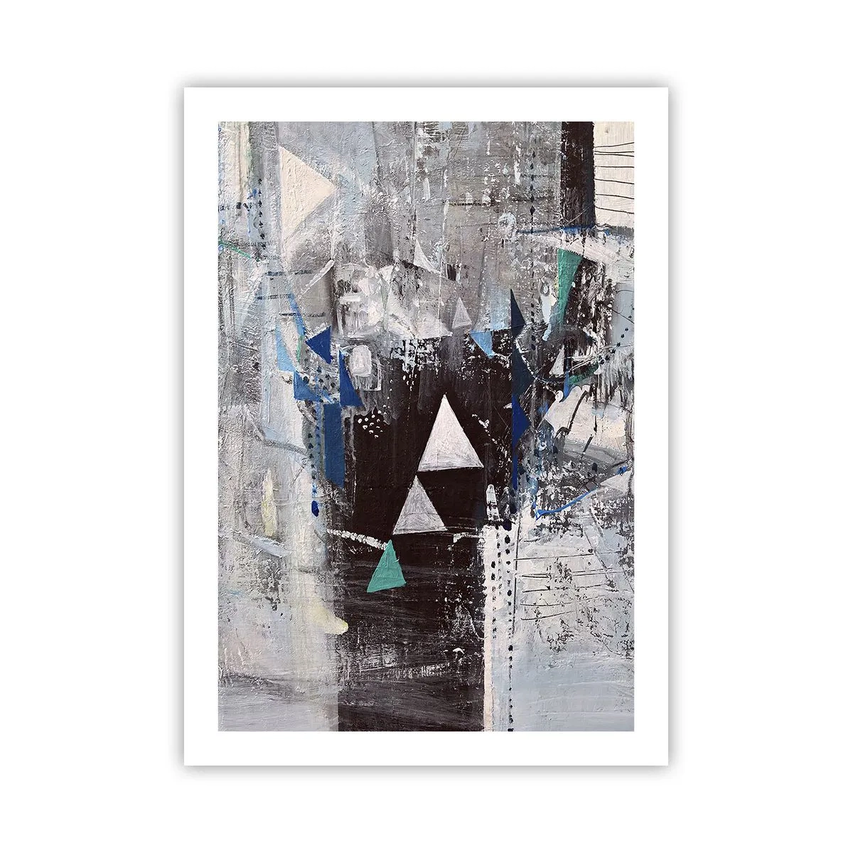 Poster - Composizione geometrica astratta nei toni del grigio e del blu - 50x70cm - L'ordine superiore dei triangoli - Decorazione murale moderna per soggiorno e camera da letto ARTTOR