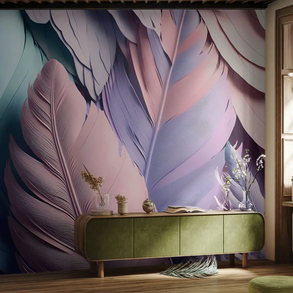 Fotomurali Premium Sand - Eleganza per uccelli - Pastello, Piume, Leggerezza - 400x280 cm