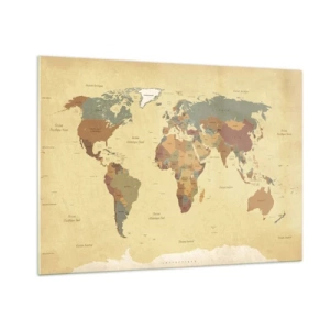 Quadro su vetro - Una mappa del mondo nei toni del beige e del marrone su uno sfondo vintage. - 100x70cm - Per te: tutto il mondo - Decorazione murale moderna per soggiorno e camera da letto ARTTOR