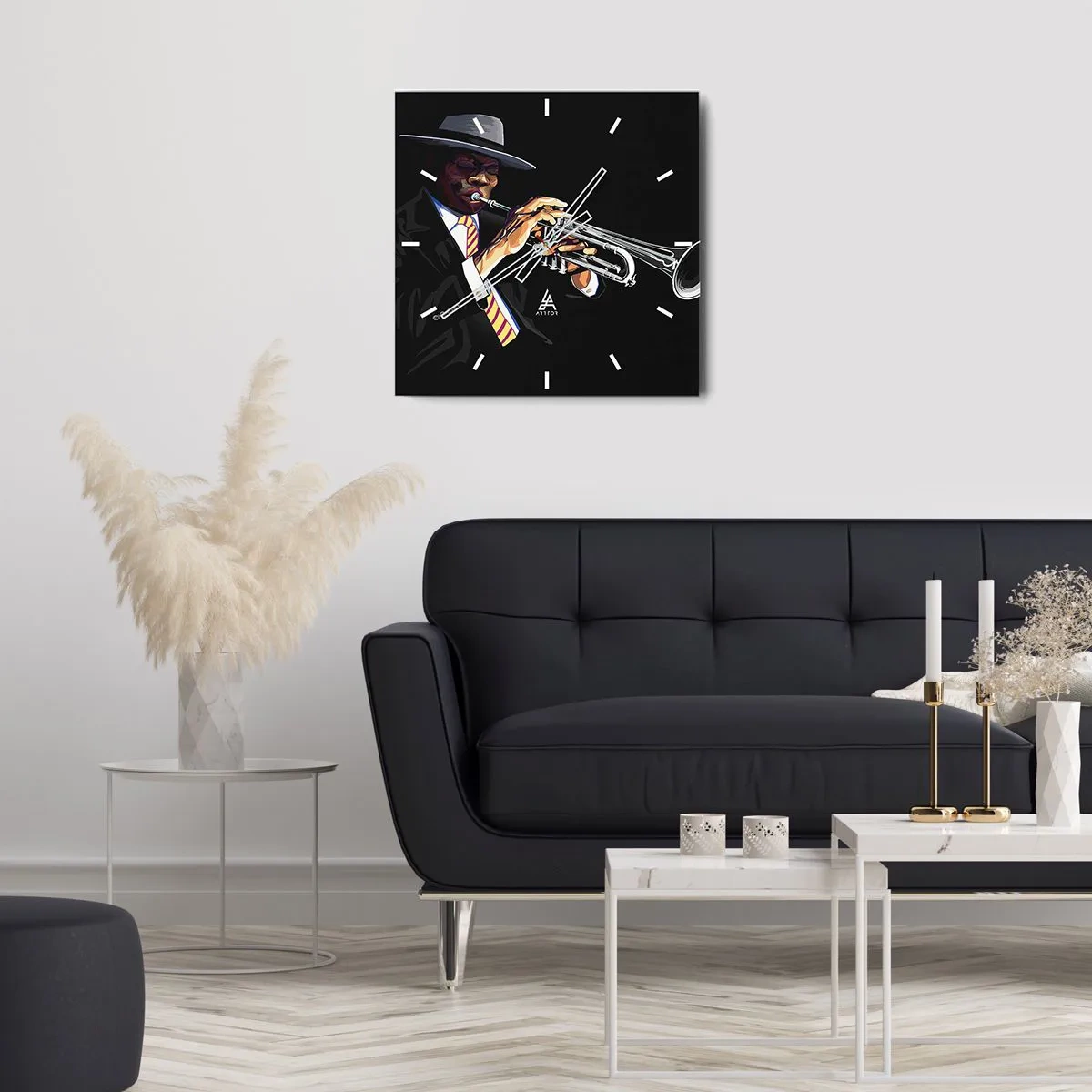 Orologio da parete - Orologio in Vetro - Un musicista che suona la tromba su uno sfondo nero - 30x30cm - Il fascino della Old School - Decorazione murale moderna per soggiorno e camera da letto ARTTOR
