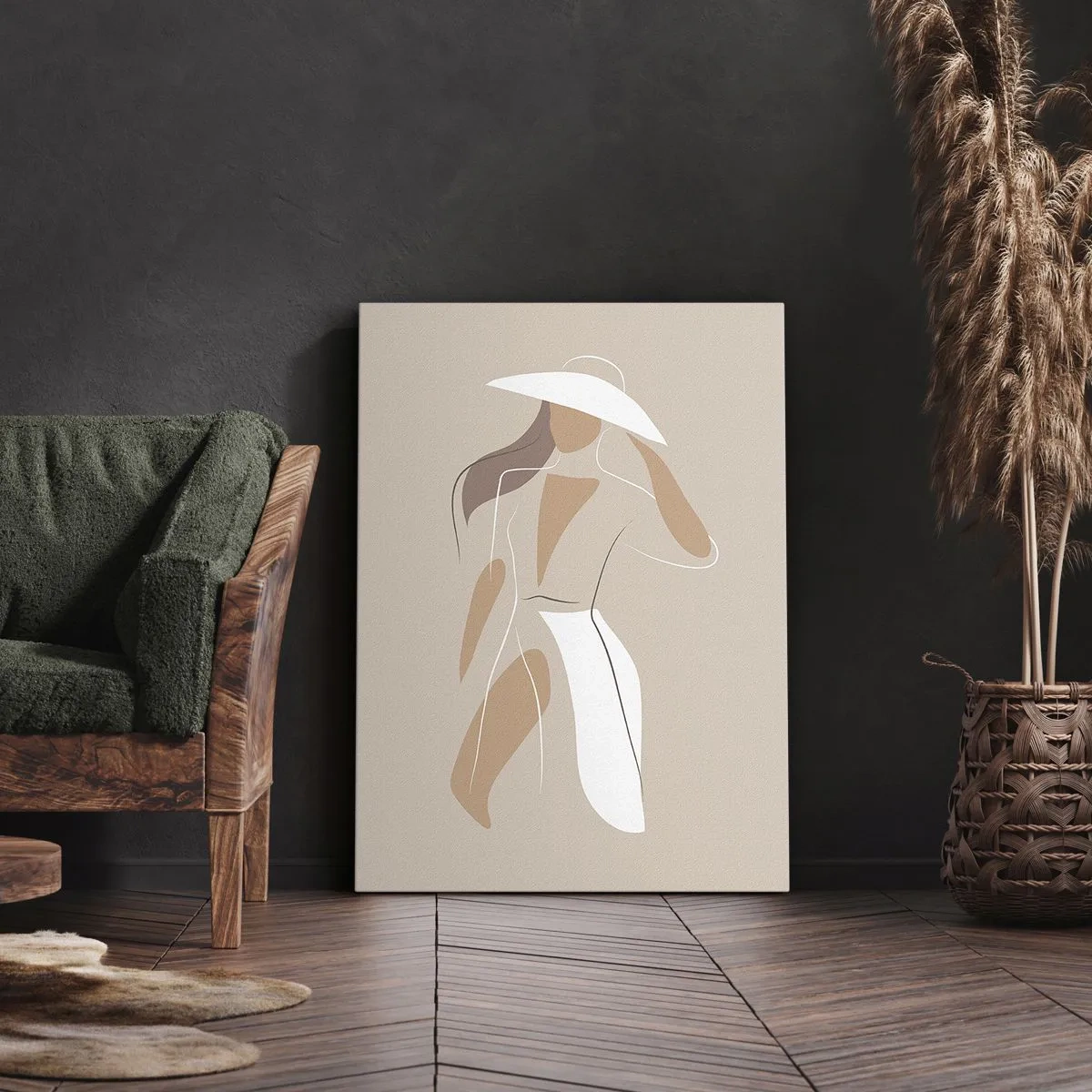 Quadro su tela - Stampe su Tela - Un disegno minimalista di una donna con un cappello su uno sfondo beige. - 50x70cm - La moda è un gioco - Decorazione murale moderna per soggiorno e camera da letto ARTTOR
