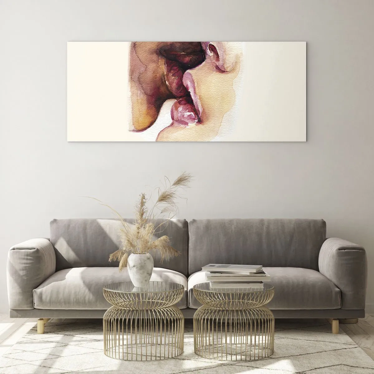 Quadro su vetro - Un dipinto ad acquerello raffigurante un primo piano di un volto - 120x50cm - Come notte e giorno, terra e cielo - Decorazione murale moderna per soggiorno e camera da letto ARTTOR