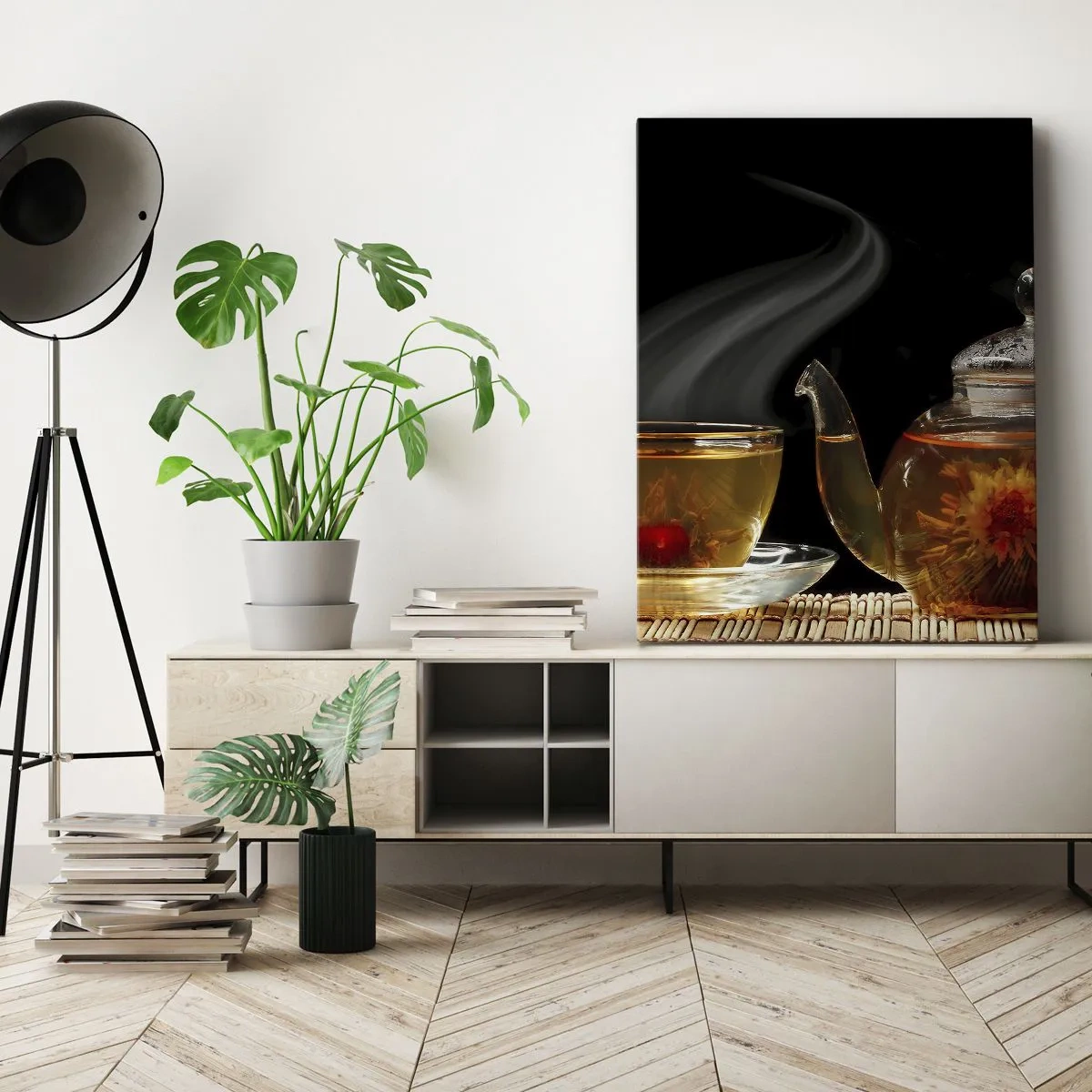 Quadro su tela - Stampe su Tela - Teiera di vetro con tè ai fiori e una tazza - 80x120cm - La magia e l'arte del tè - Decorazione murale moderna per soggiorno e camera da letto ARTTOR