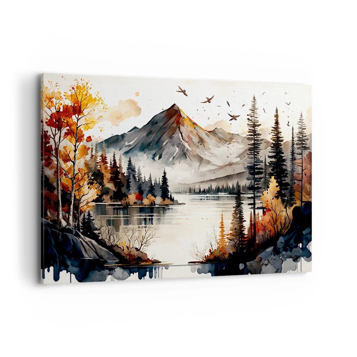 Quadro su tela - Stampe su Tela - Paesaggio montano autunnale con lago e alberi in acquerello - 100x70cm - L'autunno dorato sui monti - Decorazione murale moderna per soggiorno e camera da letto ARTTOR