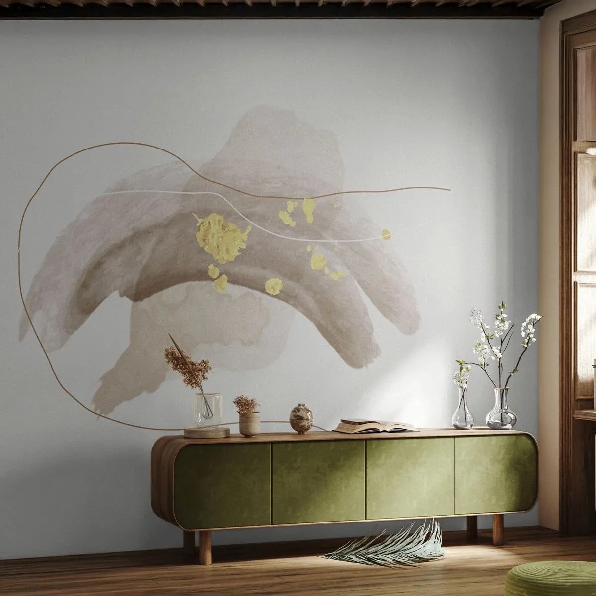 Fotomurali Premium Canvas - Una composizione astratta nei toni del beige e dell'oro. - 100x70cm - Incontro nello spazio - Decorazione murale moderna per soggiorno e camera da letto ARTTOR