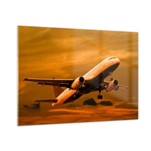 Quadro su vetro - Un aereo che decolla contro un cielo arancione - 100x70cm - In volo verso il sole - Decorazione murale moderna per soggiorno e camera da letto ARTTOR