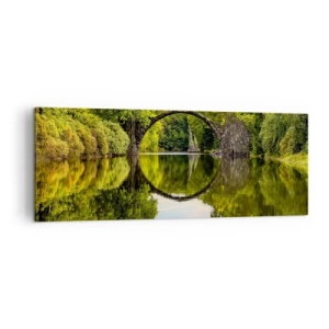 Quadro su tela - Stampe su Tela - Un ponte di pietra sopra un fiume con un riflesso perfetto nell'acqua - 140x50cm - All'incontro di due mondi - Decorazione murale moderna per soggiorno e camera da letto ARTTOR