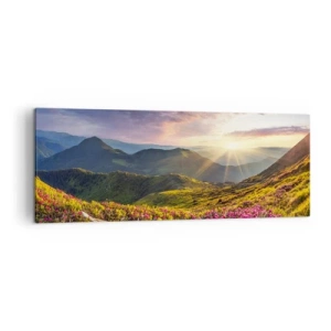 Quadro su tela - Stampe su Tela - Paesaggio montano con rododendri in fiore - 140x50cm - La freschezza di un mattino sui monti - Decorazione murale moderna per soggiorno e camera da letto ARTTOR