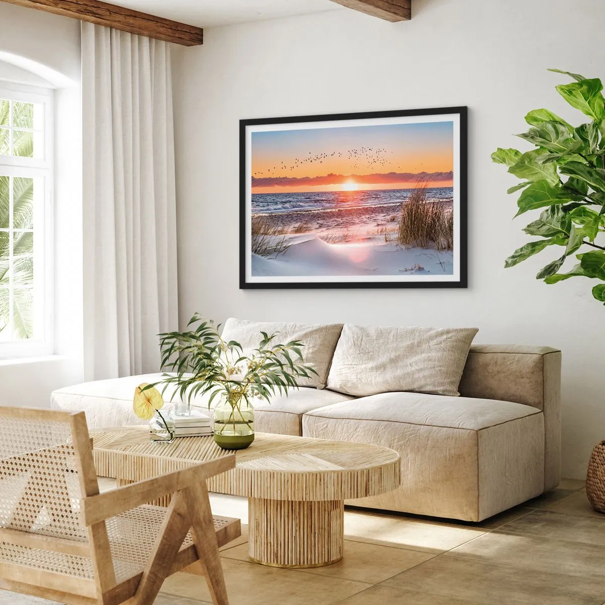 Poster in cornice nera - Tramonto sul mare con vista sulle dune - 100x70cm - Paesaggio orizzontale - Decorazione murale moderna per soggiorno e camera da letto ARTTOR