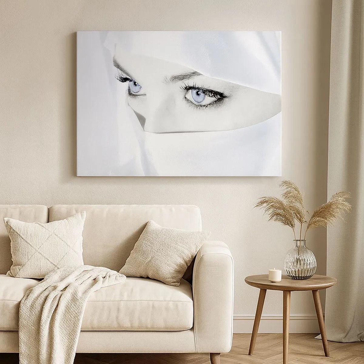 Quadro su tela - Stampe su Tela - Ritratto di una donna con gli occhi azzurri nascosti dietro un velo bianco - 70x50cm - Direttamente dalle mille e una notte - Decorazione murale moderna per soggiorno e camera da letto ARTTOR