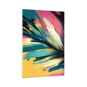 Quadro su vetro - Una composizione astratta dai colori intensi e contrastanti. - 70x100cm - Composizione: esplosione di gioia - Decorazione murale moderna per soggiorno e camera da letto ARTTOR