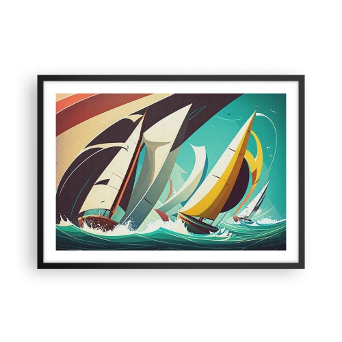 Poster in cornice nera - Un'illustrazione dinamica di barche a vela in un mare in tempesta. - 70x50cm - Compagne degli elementi - Decorazione murale moderna per soggiorno e camera da letto ARTTOR
