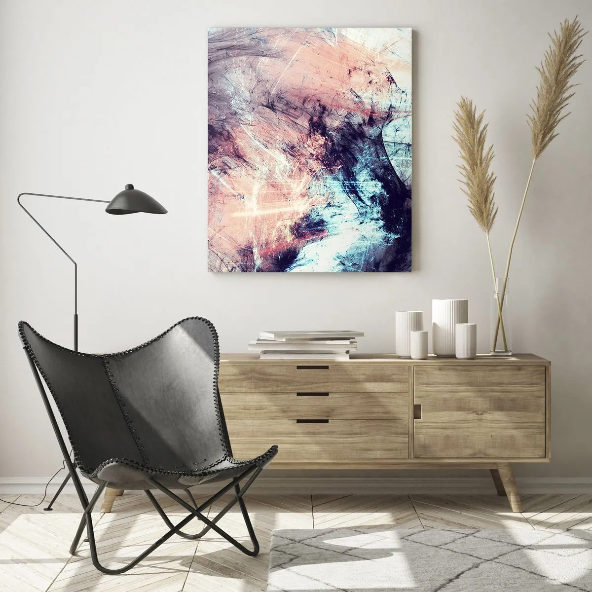 Quadro su vetro - Composizione astratta in toni pastello e scuri - 80x120cm - Senti il vento - Decorazione murale moderna per soggiorno e camera da letto ARTTOR