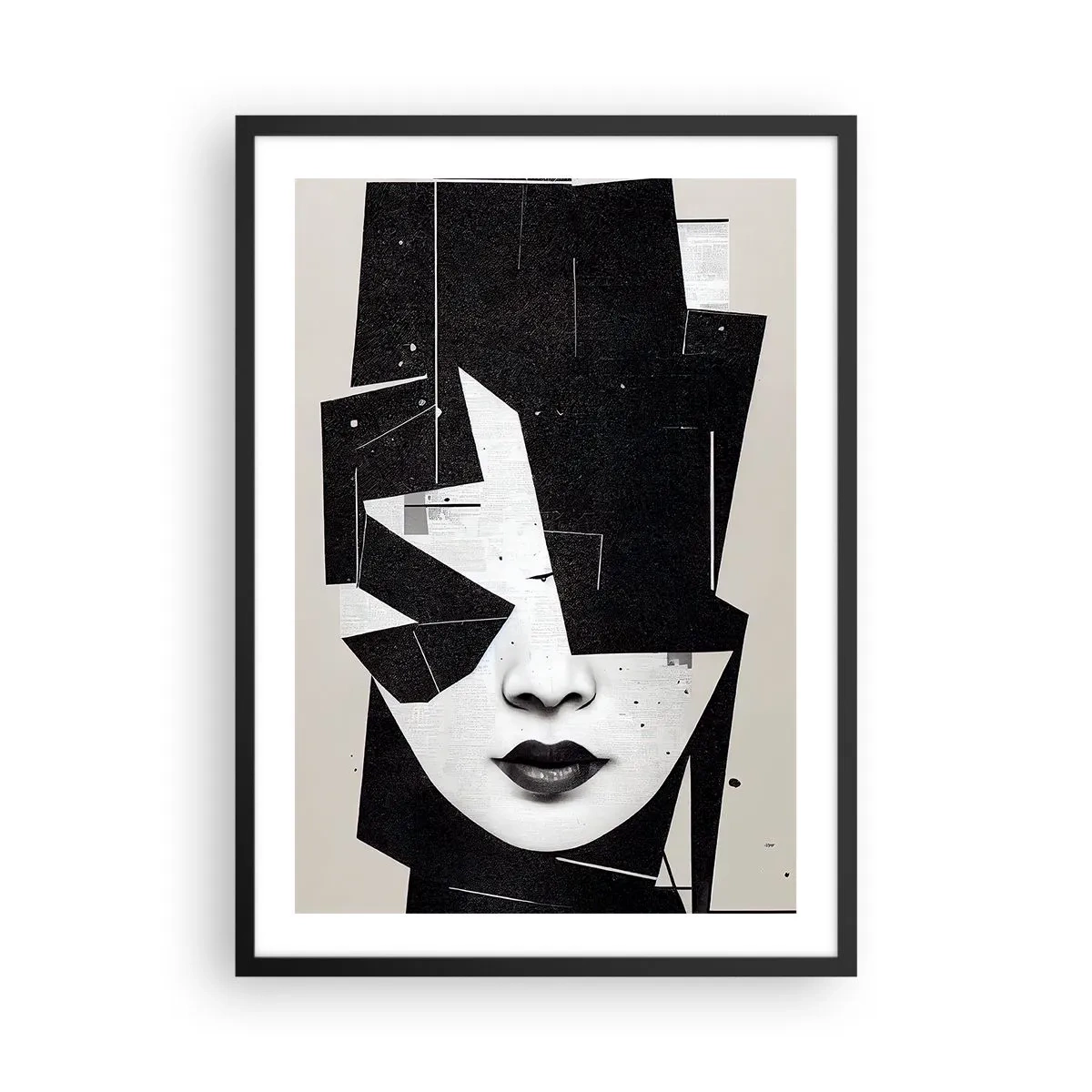 Poster in cornice nera - Ritratto astratto di una donna in bianco e nero - 50x70cm - Profondamente celata - Decorazione murale moderna per soggiorno e camera da letto ARTTOR