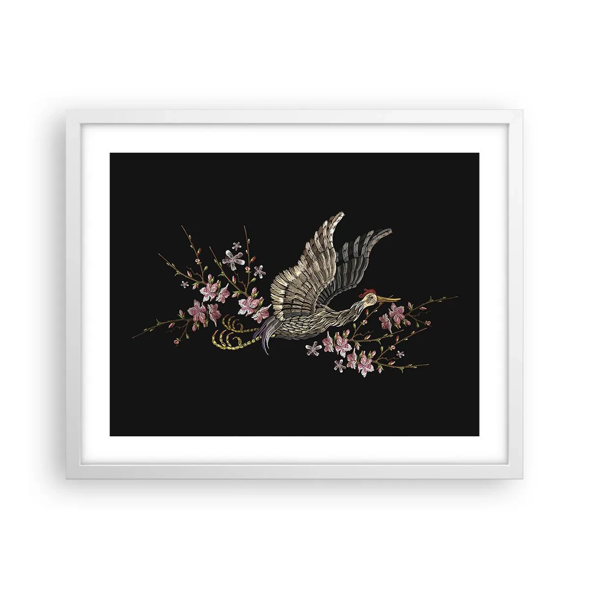 Poster in cornice bianca - Uccello esotico ricamato - 50x40 cm